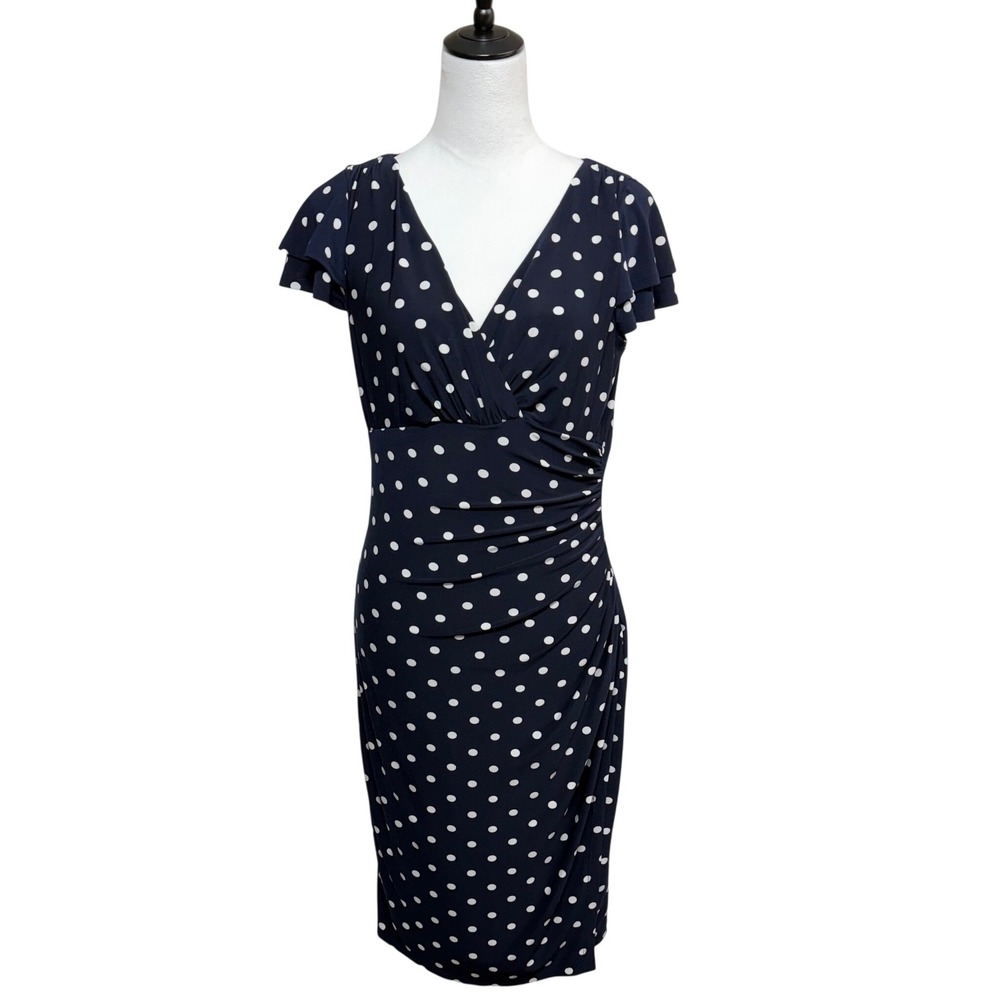 Lauren‎ Ralph Lauren Dress Women 8 Blue Polka Dot Sheath Ruched Flutter Sleeve